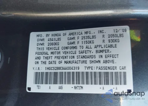 2010 Honda Accord 3.5 Ex-L from USA, damaged, VIN 1HGCS2B83AA004319
